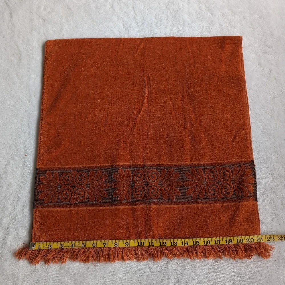 Vintage Cannon Monticello Towel Set Burnt Orange MCM 70s Sculpted Floral Fringe